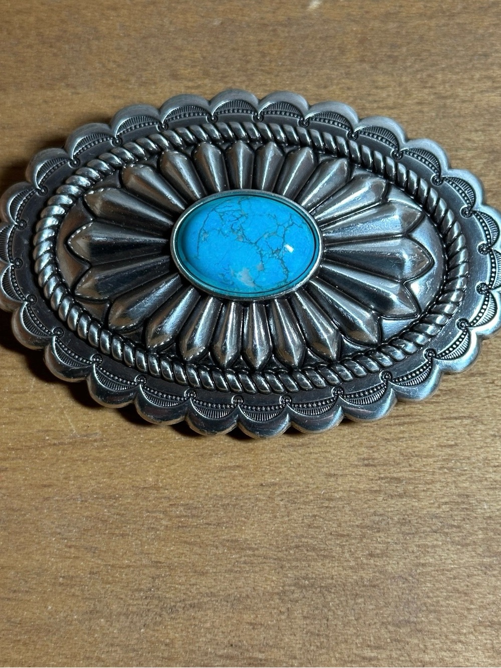 Vintage Western Steel 4" Belt Buckle w Turquoise Stone